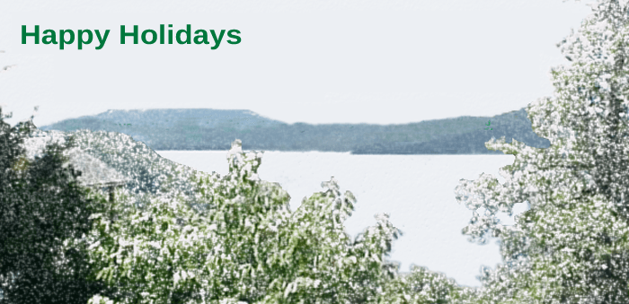 Happy Holidays - Happy Holidays greeting with snow covered trees and mountains surrounding Beaver Lake
